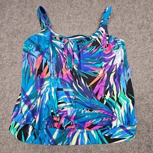 Swim Solutions Women Tankini Top Underwire Blouson Tropical Palm Blue Multi 18W